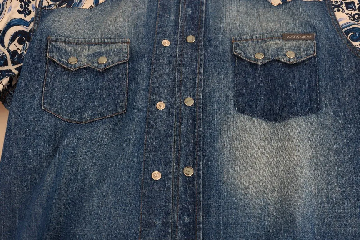 Blue Denim Cotton Majolica Silk Shirt