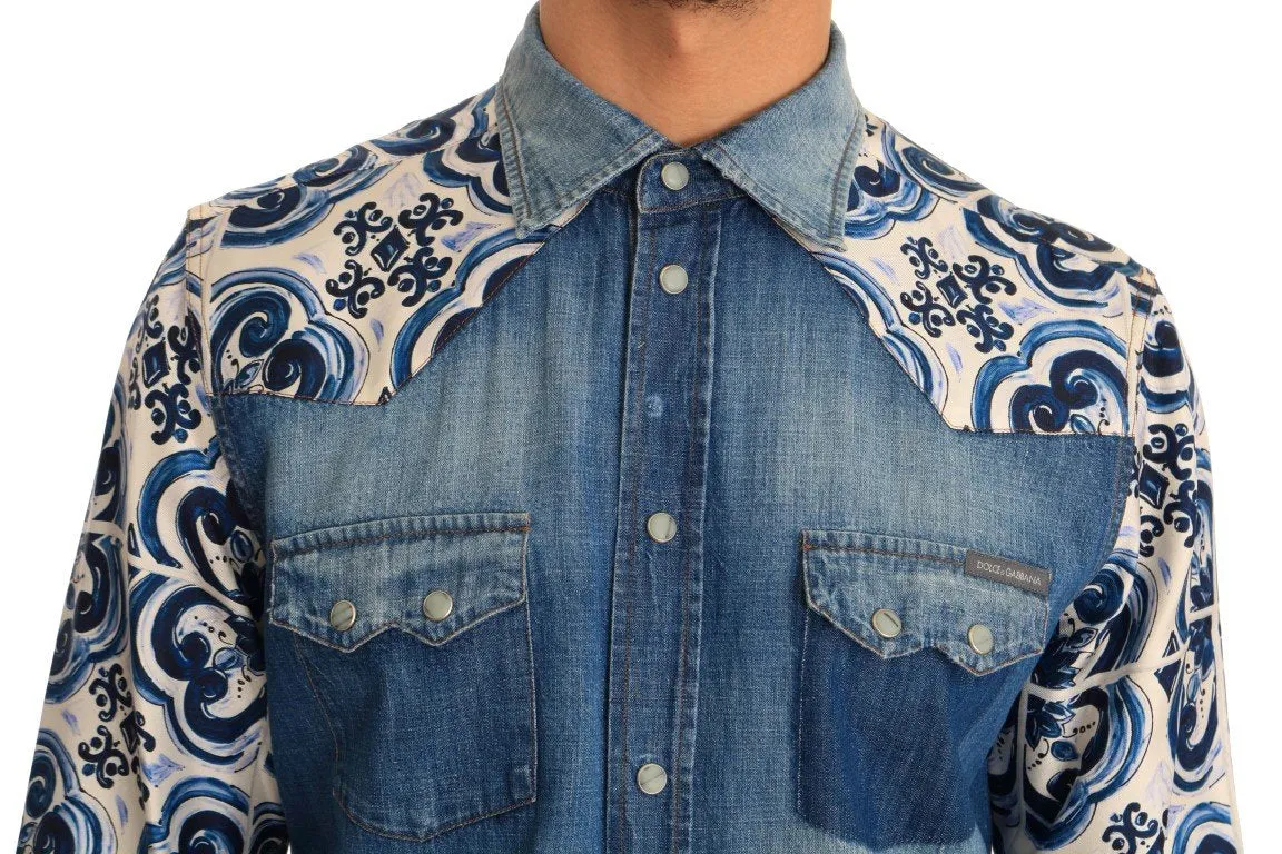 Blue Denim Cotton Majolica Silk Shirt