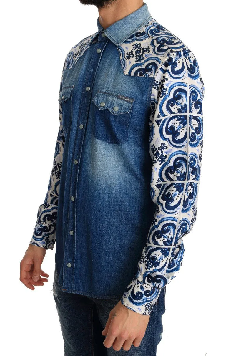 Blue Denim Cotton Majolica Silk Shirt