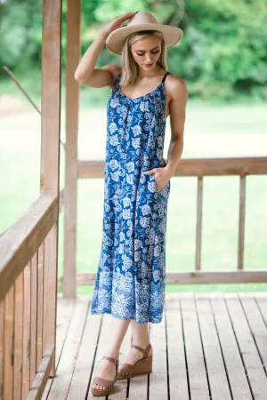 Blue Paisley Print Midi Dress