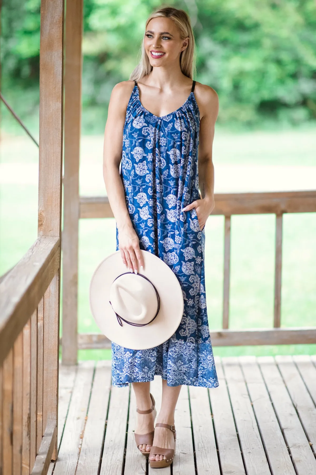 Blue Paisley Print Midi Dress