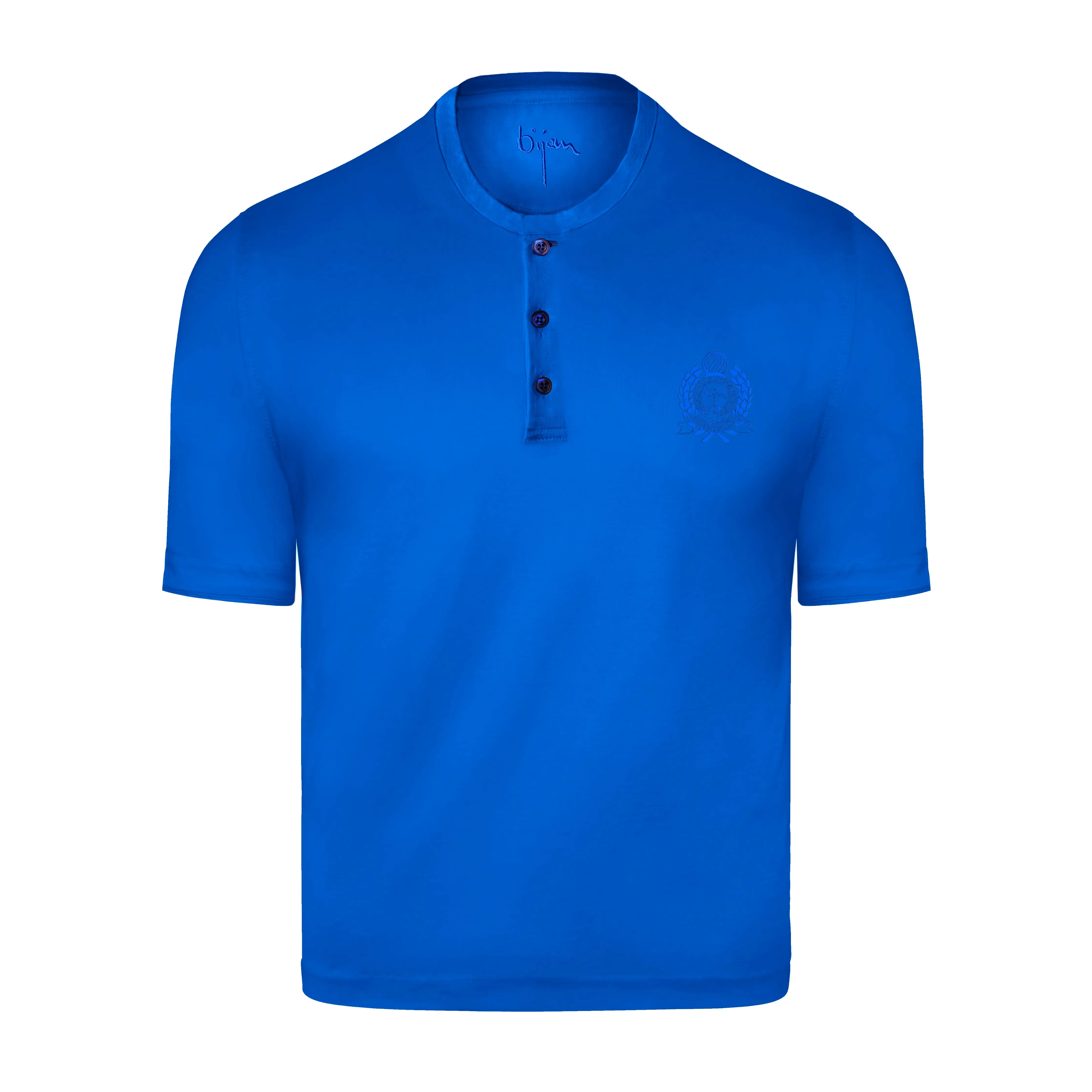Blue Round Neck Short Sleeve T-Shirt with 3 Buttons