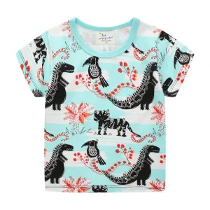 Boys Summer Cartoon Dinosaurs Cotton T-shirt - Blue