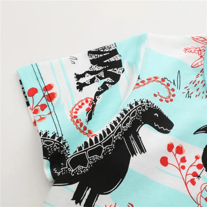 Boys Summer Cartoon Dinosaurs Cotton T-shirt - Blue