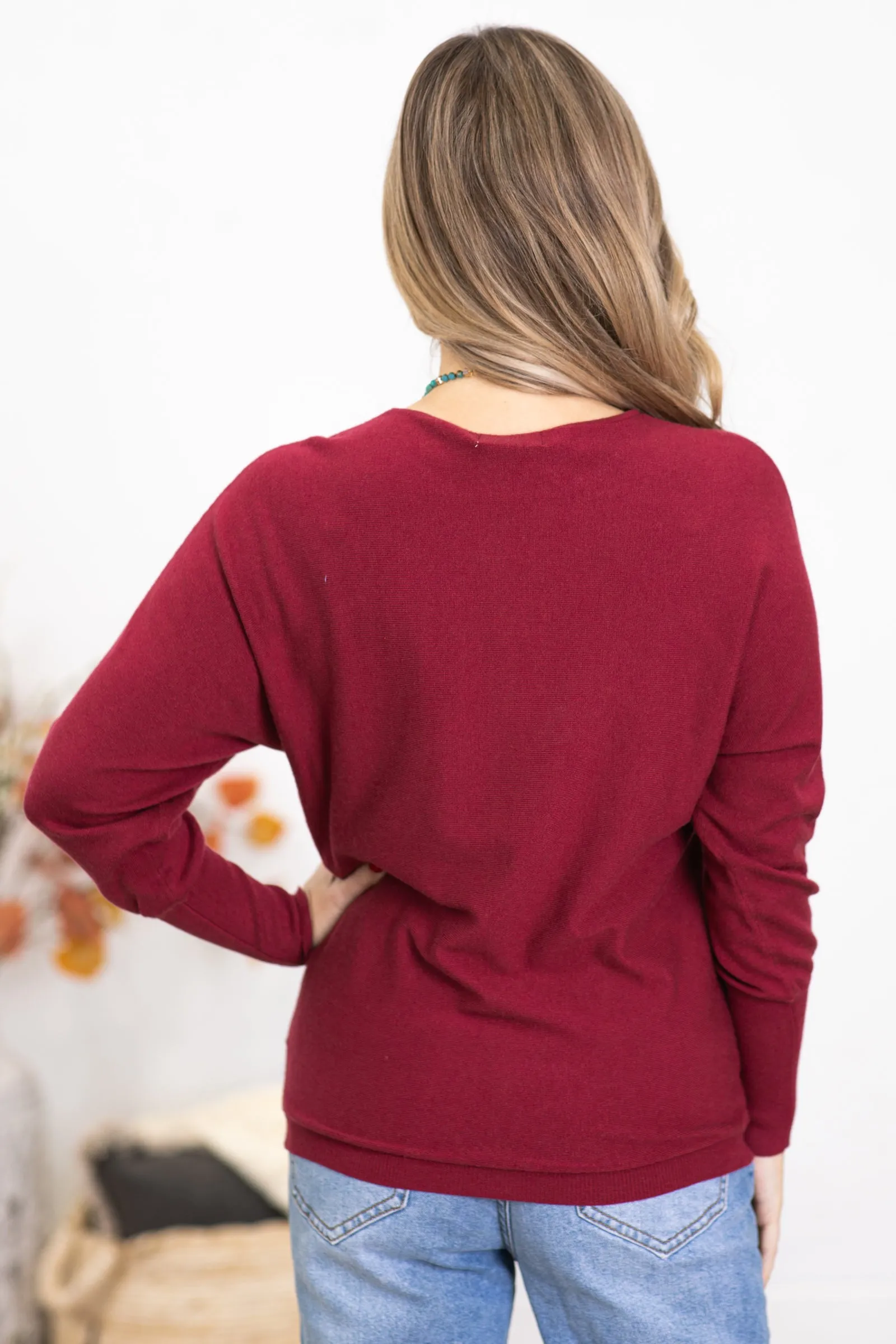 Burgundy Dolman Sleeve Lightweight Sweater