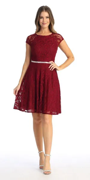 Celavie 6529s Short A-Line Lace Dress Cap Sleeves