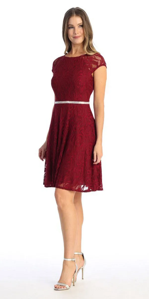 Celavie 6529s Short A-Line Lace Dress Cap Sleeves