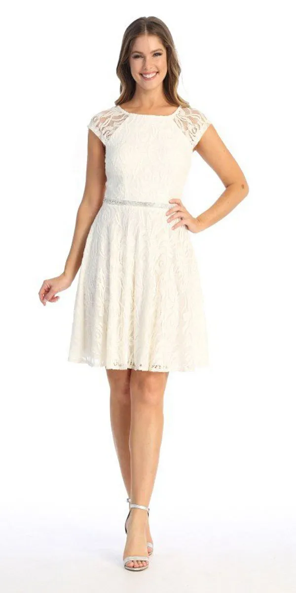 Celavie 6529s Short A-Line Lace Dress Cap Sleeves