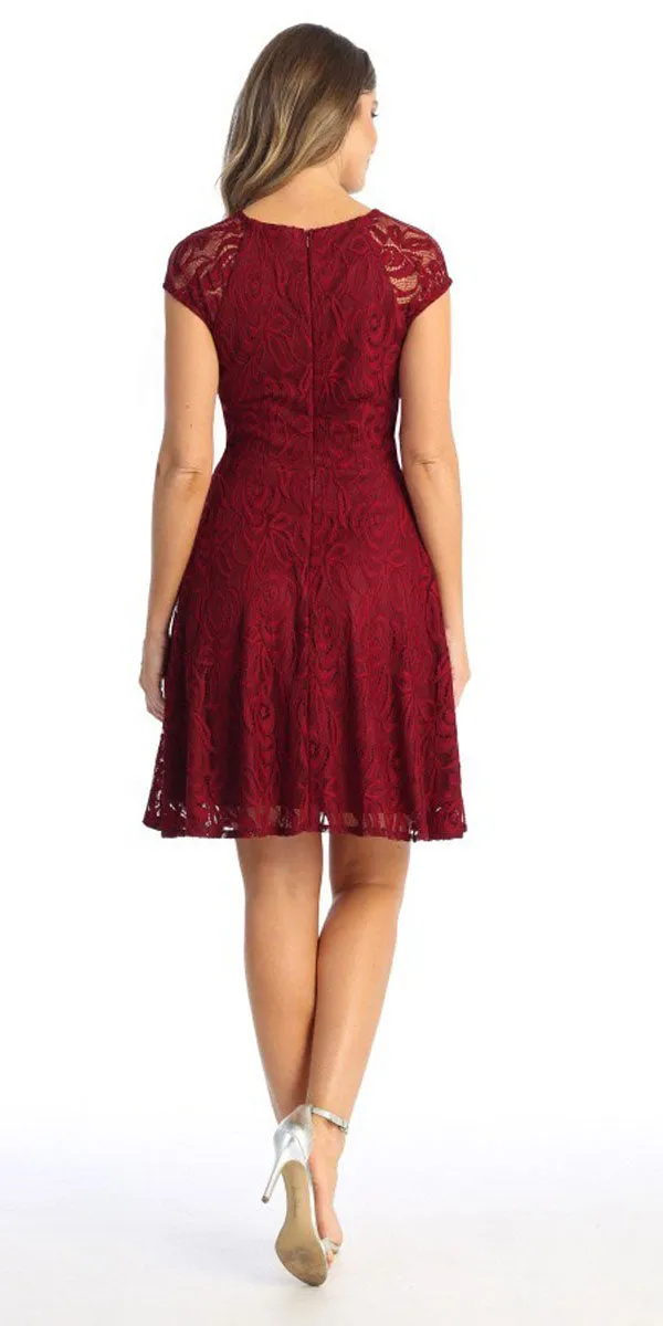 Celavie 6529s Short A-Line Lace Dress Cap Sleeves