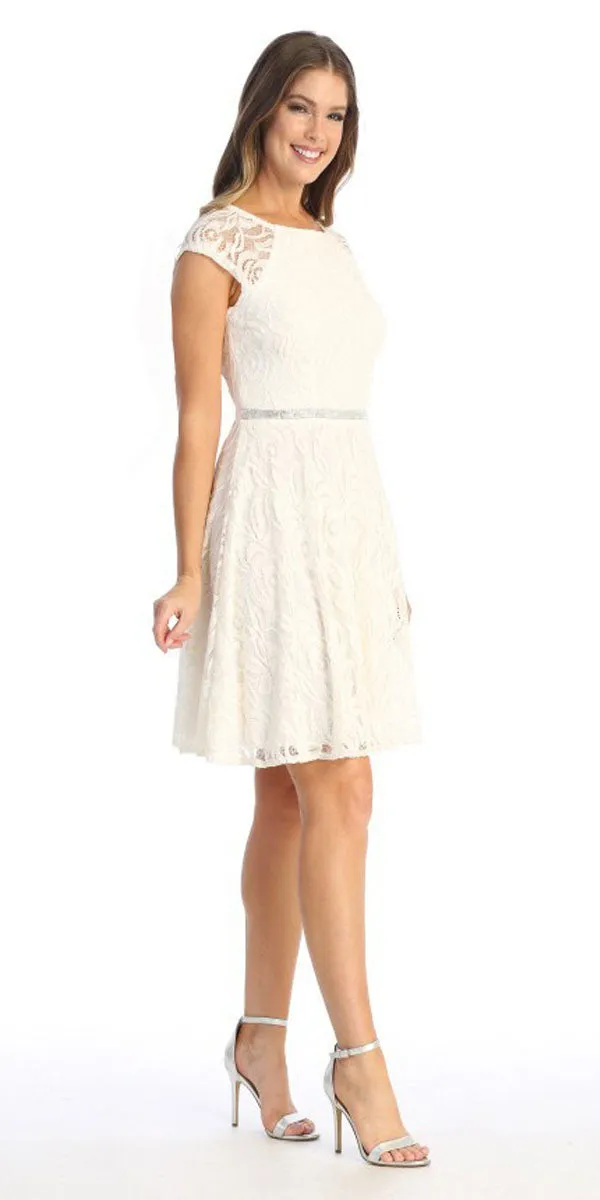 Celavie 6529s Short A-Line Lace Dress Cap Sleeves