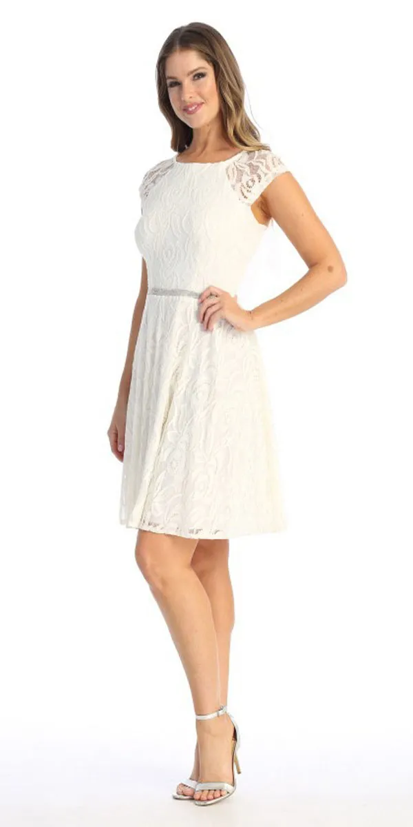 Celavie 6529s Short A-Line Lace Dress Cap Sleeves