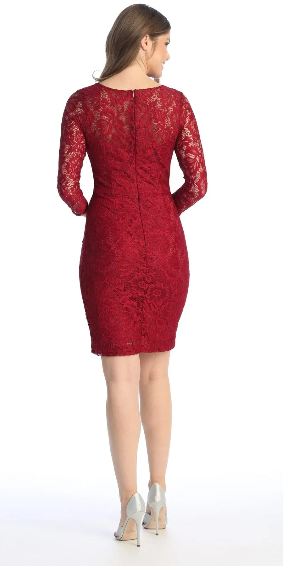 Celavie 6536-S Short Lace Dress Long Sleeves with Rhinestones