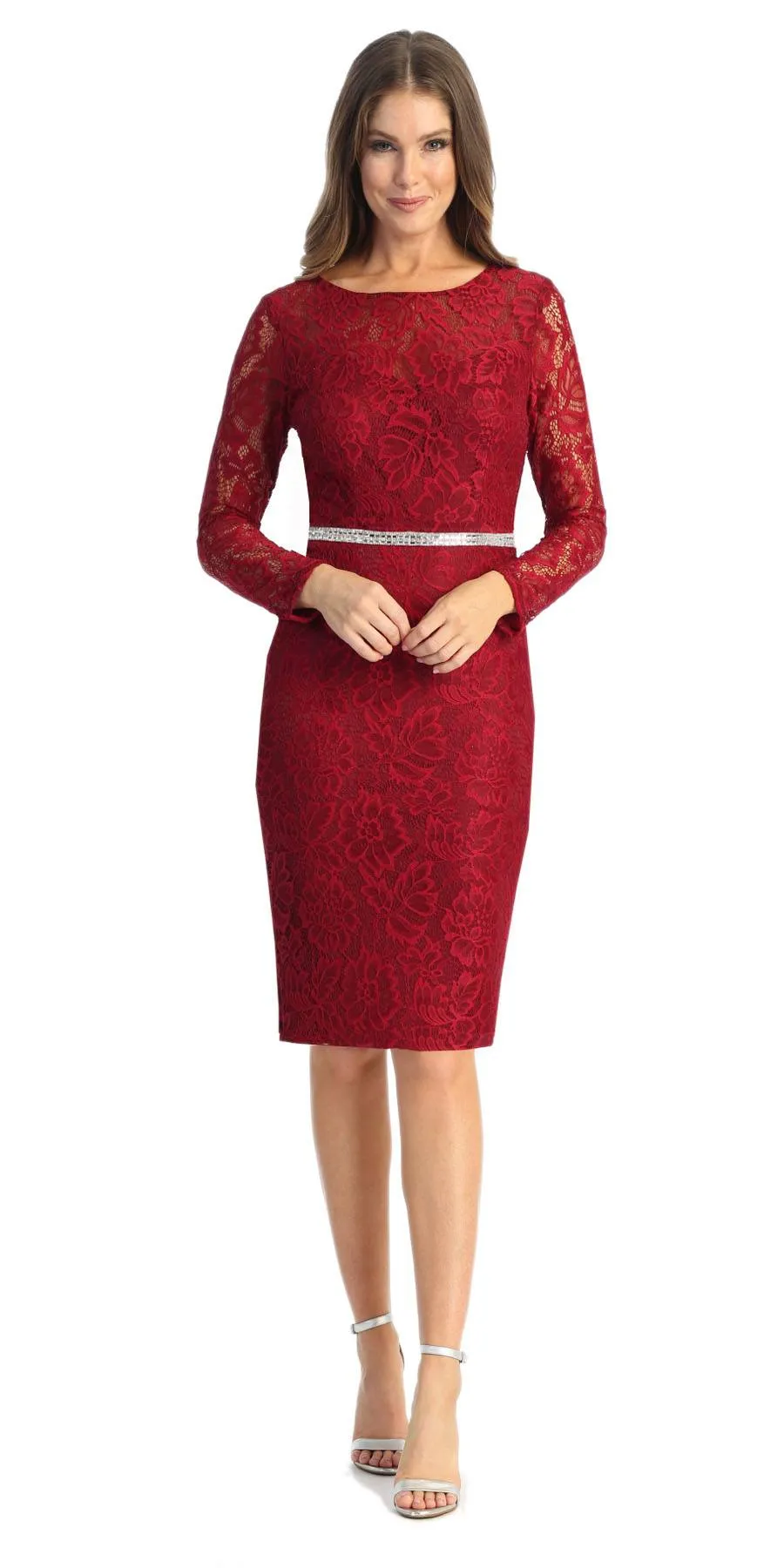 Celavie 6536-S Short Lace Dress Long Sleeves with Rhinestones