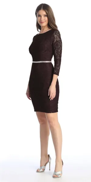 Celavie 6536-S Short Lace Dress Long Sleeves with Rhinestones