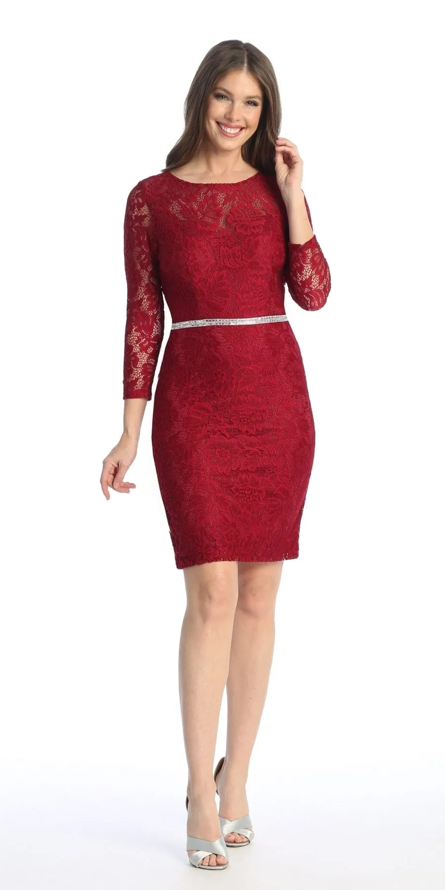 Celavie 6536-S Short Lace Dress Long Sleeves with Rhinestones