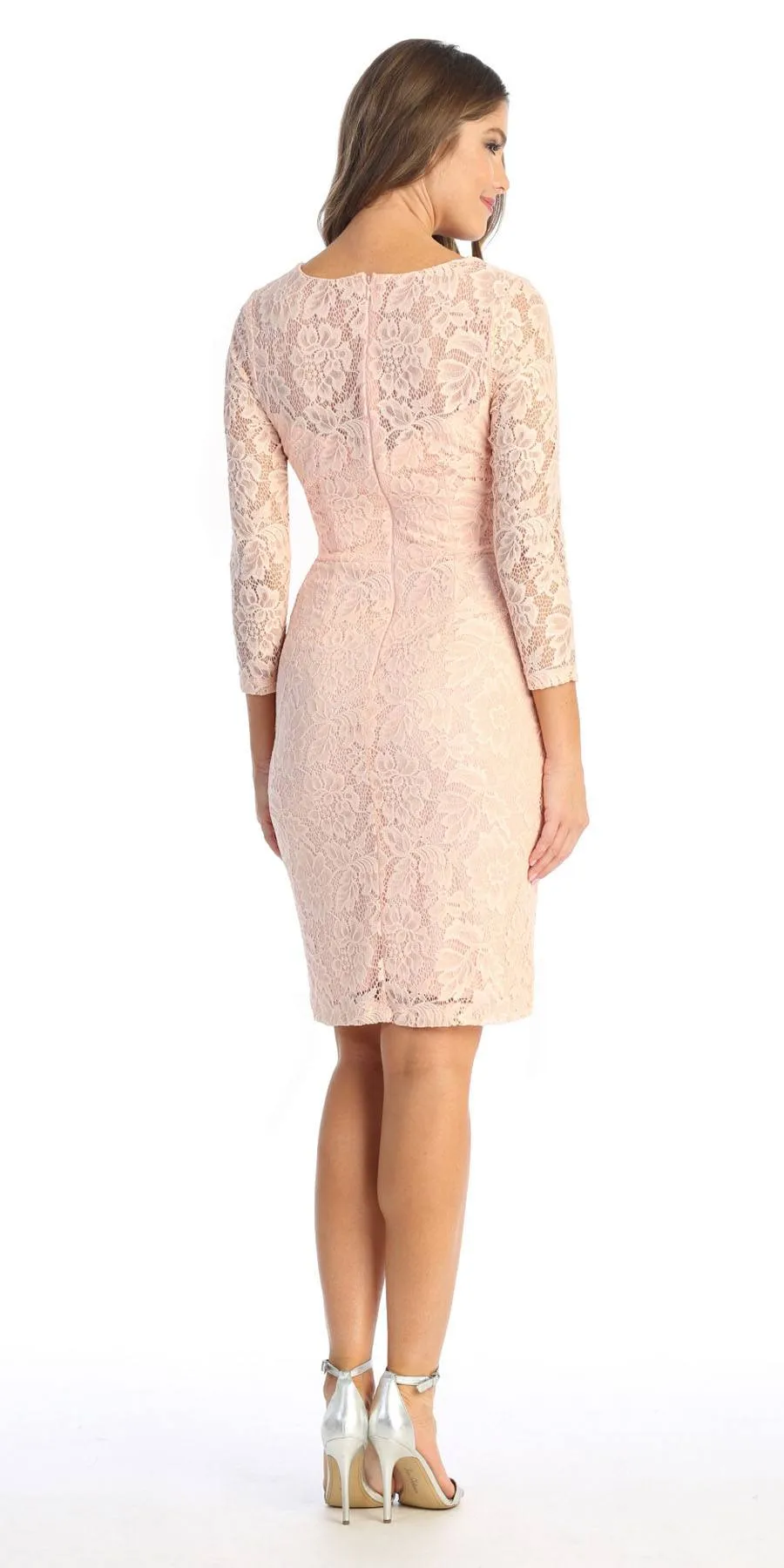 Celavie 6536-S Short Lace Dress Long Sleeves with Rhinestones