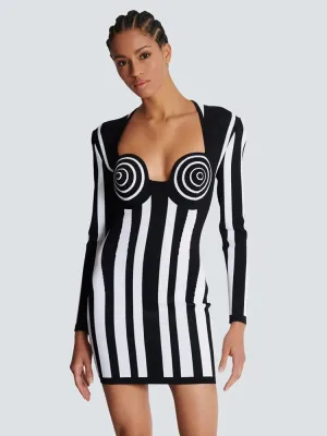 Celebrity Sexy V Neck Long Sleeve Striped Mini Bodycon Bandage Dress