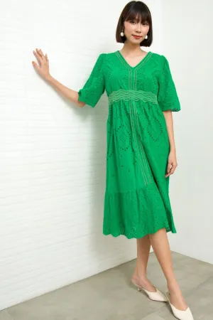 CERYS V-Neck Flutter-Sleeve Eyelet Dress (Jade Green)