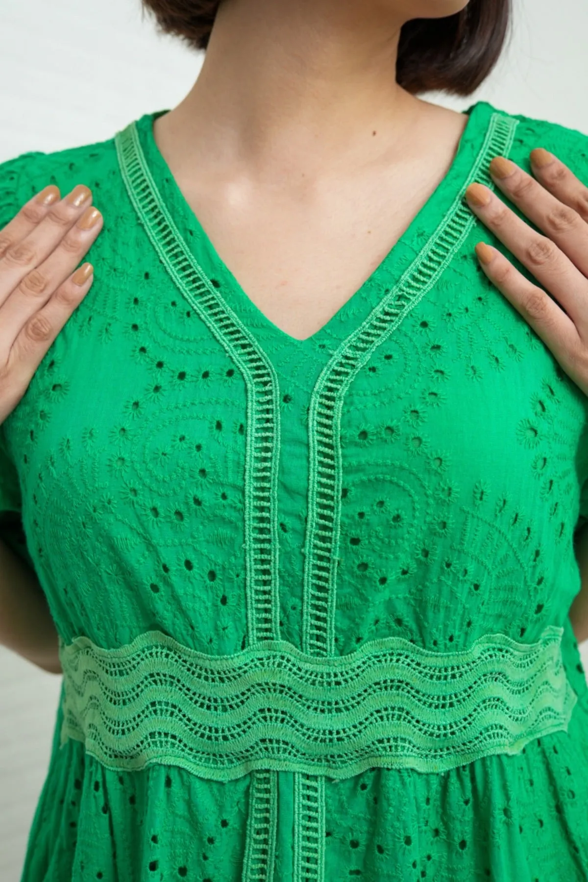 CERYS V-Neck Flutter-Sleeve Eyelet Dress (Jade Green)