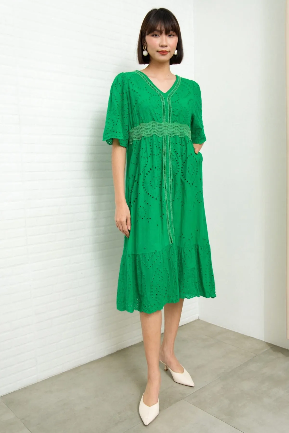 CERYS V-Neck Flutter-Sleeve Eyelet Dress (Jade Green)