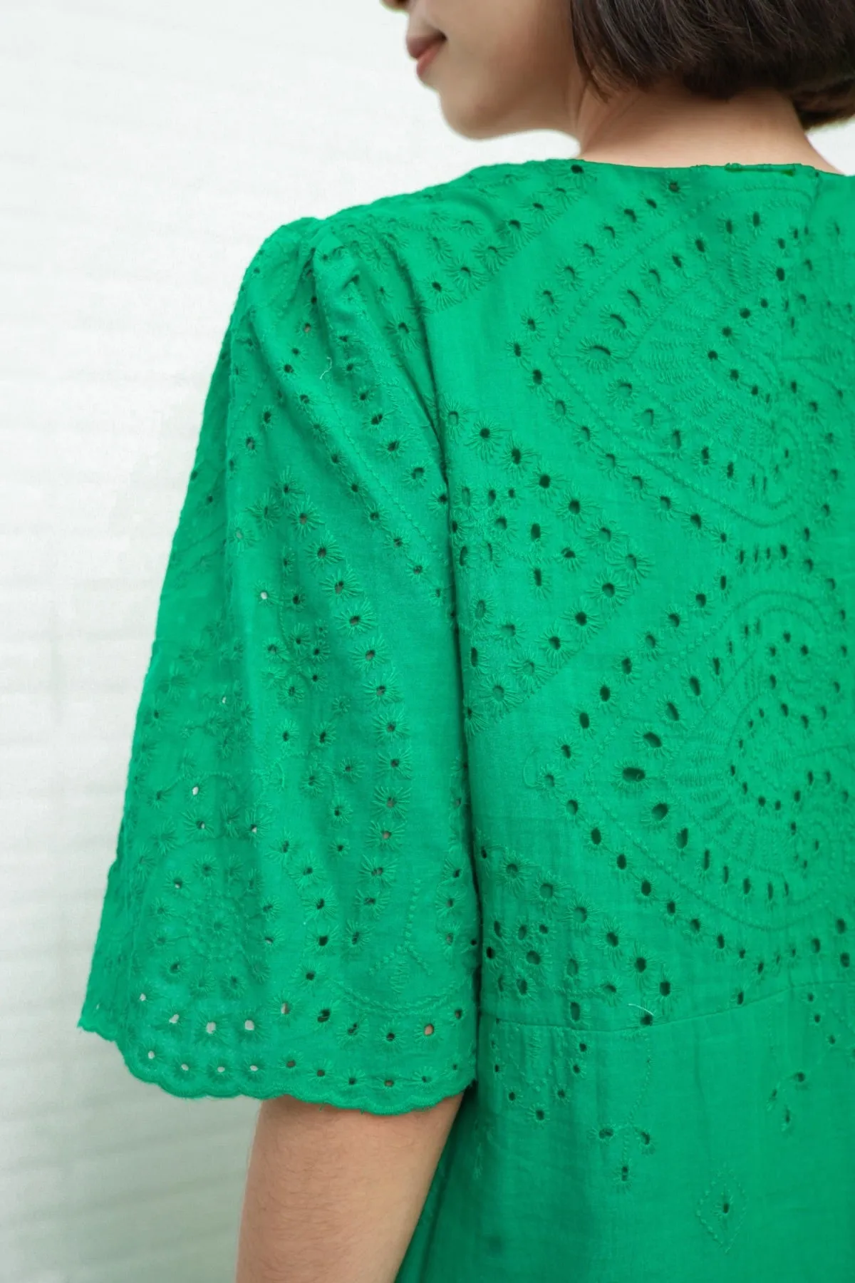 CERYS V-Neck Flutter-Sleeve Eyelet Dress (Jade Green)