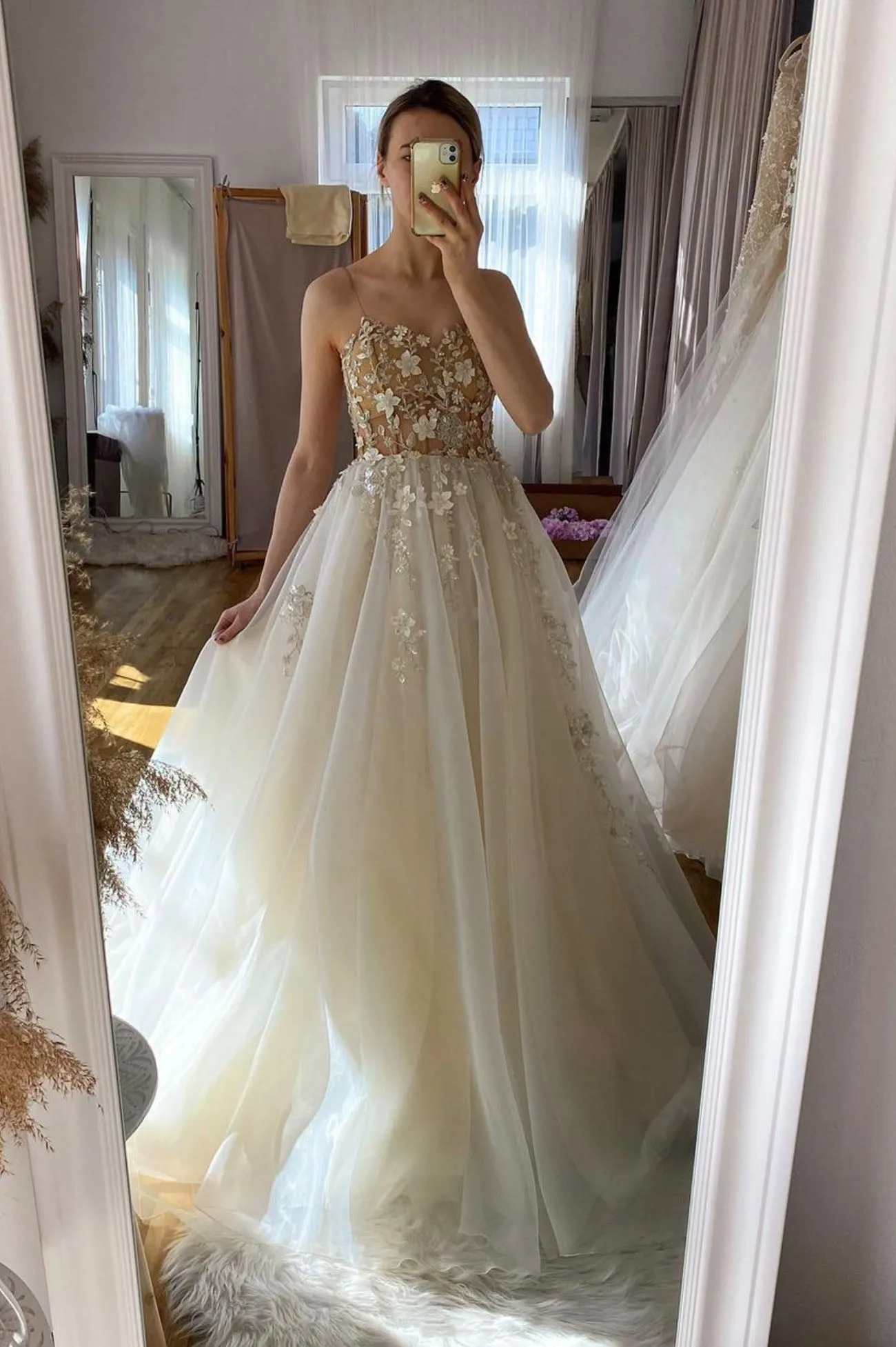 CHAMPAGNE CHIFFON BEADS LONG PROM DRESS A LINE EVENING DRESS     fg2398