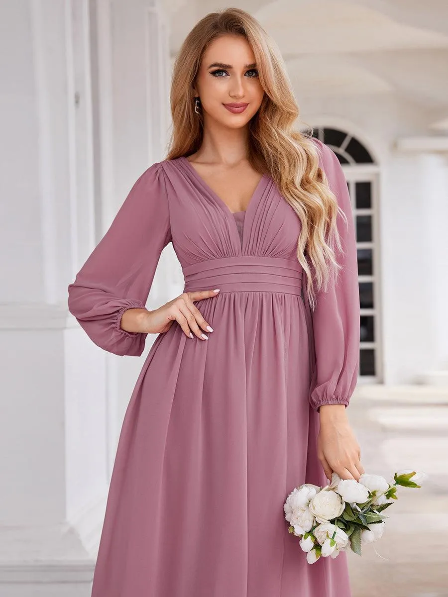 Charmante Robe De Demoiselle D'honneur Plissée À Manches Lanternes En Mousseline De Soie Et Taille Haute
