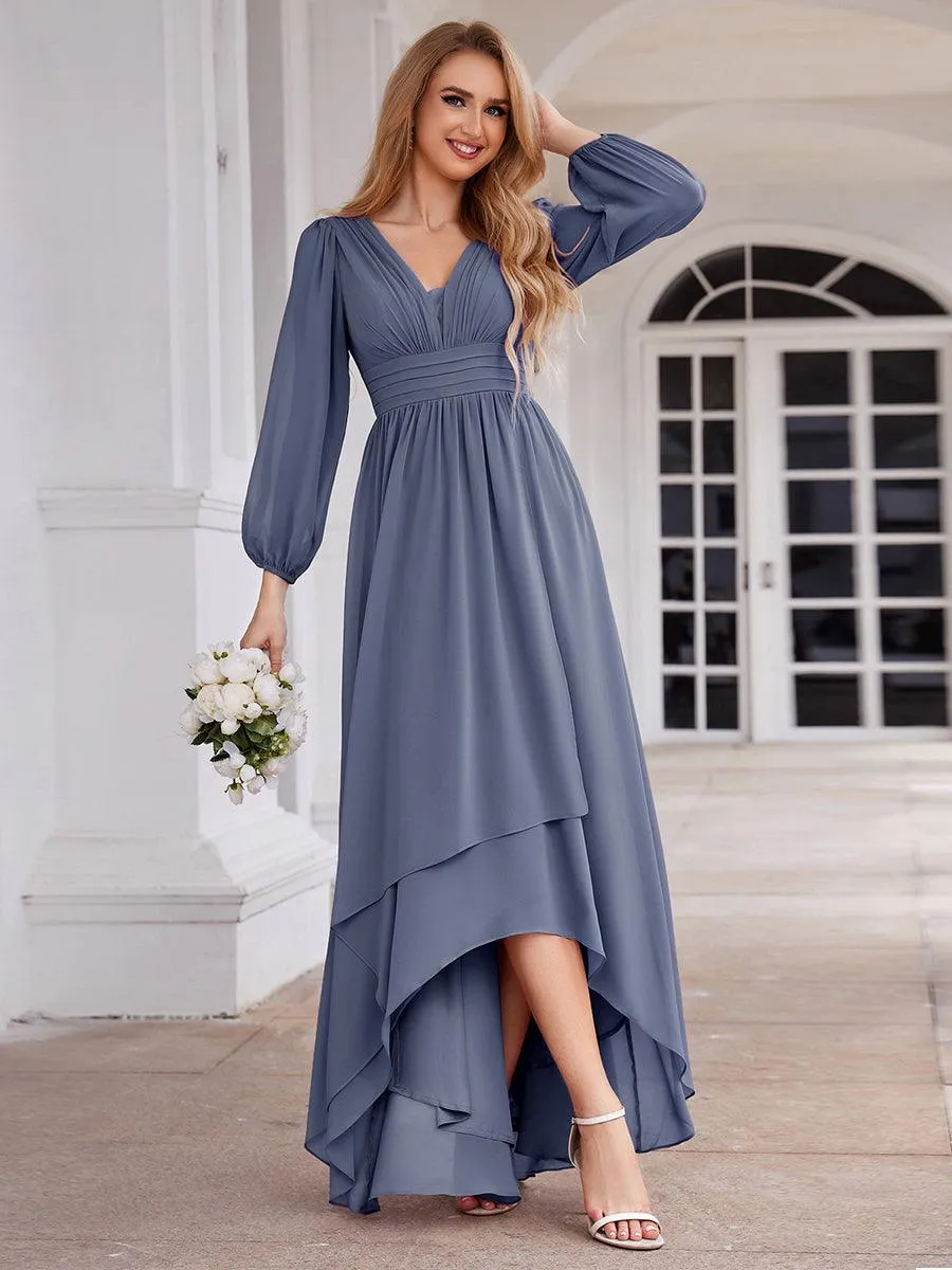 Charmante Robe De Demoiselle D'honneur Plissée À Manches Lanternes En Mousseline De Soie Et Taille Haute