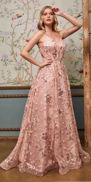 Cinderella Divine CB073 Floor Length Luminescent Floral Sequin Print Ball Gown