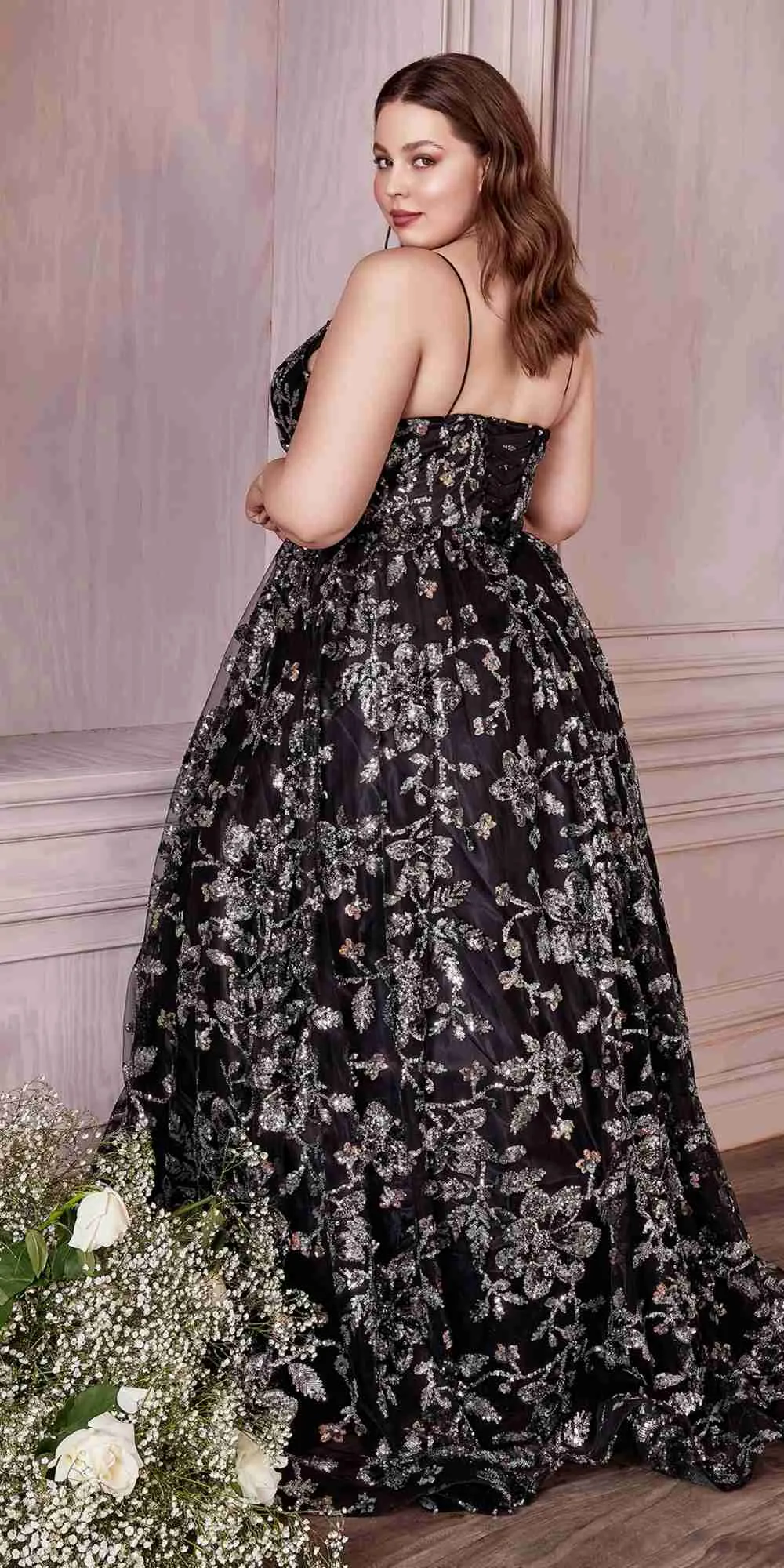 Cinderella Divine CB073 Floor Length Luminescent Floral Sequin Print Ball Gown