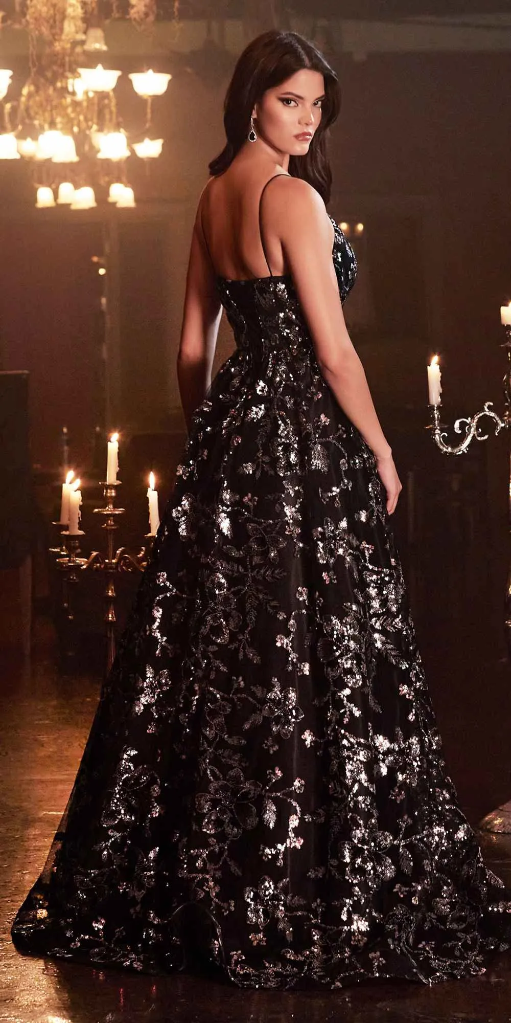 Cinderella Divine CB073 Floor Length Luminescent Floral Sequin Print Ball Gown