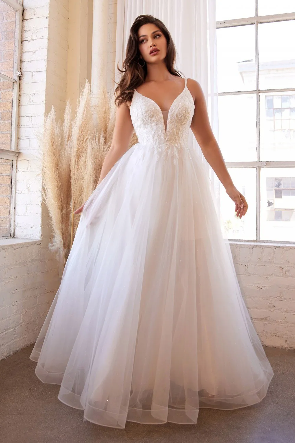 Cinderella Divine CD0154W Long Layered Tulle Dress Beaded Applique Bodice