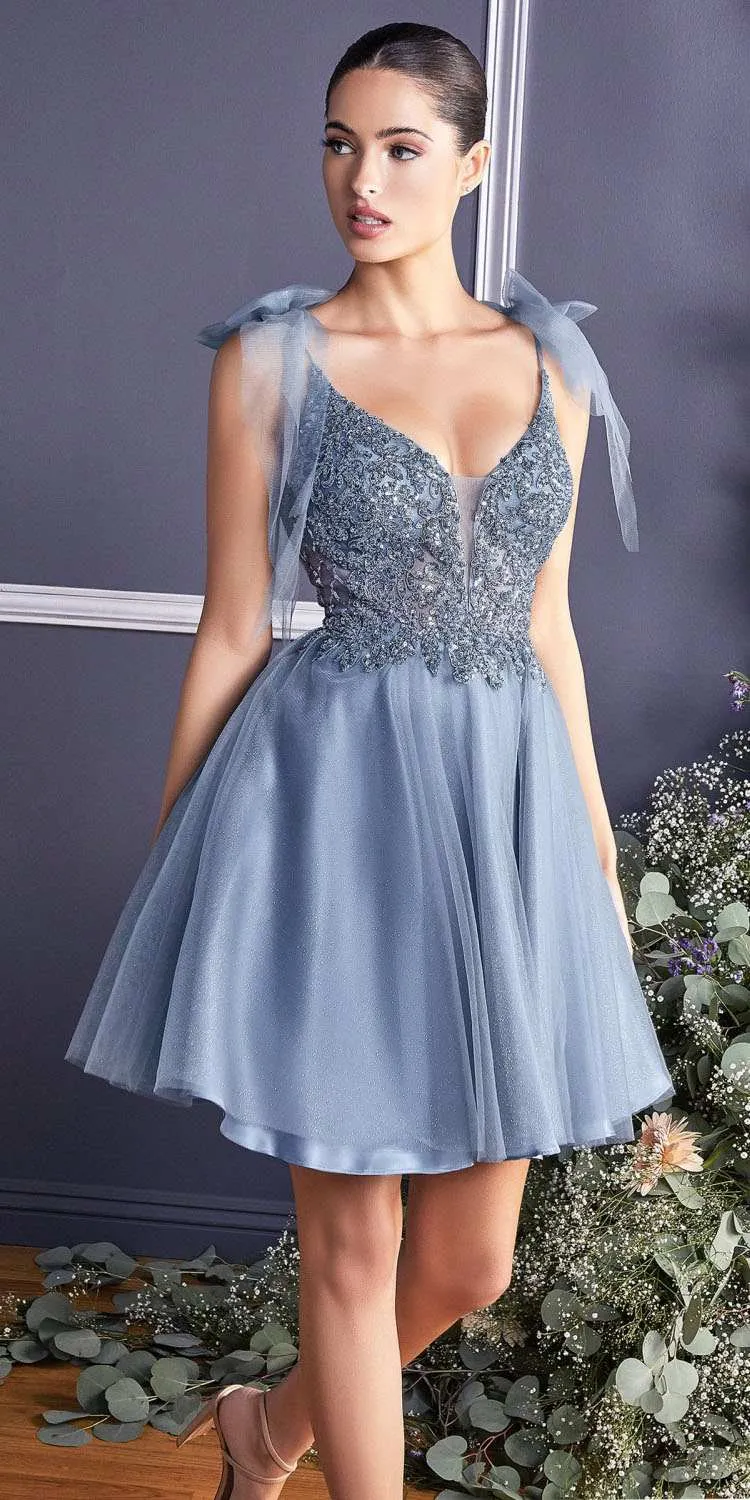 Cinderella Divine CD0174 Short A-Line Dress Lace Applique Tulle Ribbon