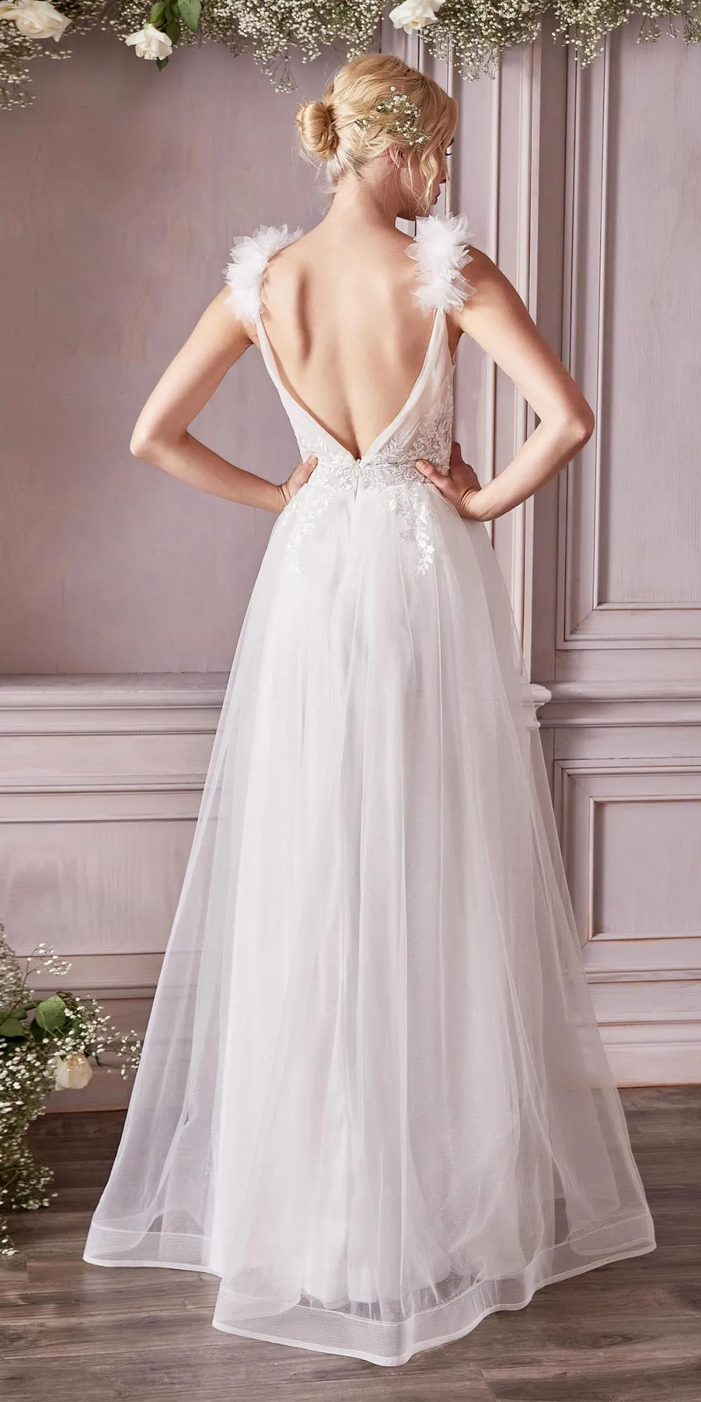 Cinderella Divine CD971W Floor Length Bridal A-Line Tulle Gown
