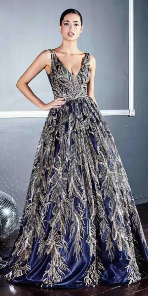 Cinderella Divine J812 Floral Embroidered Glitter A-Line Ball Gown
