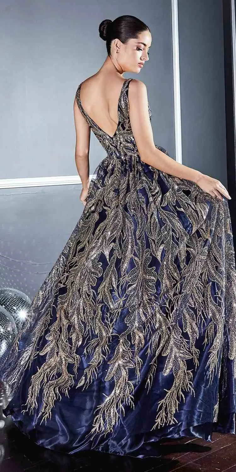 Cinderella Divine J812 Floral Embroidered Glitter A-Line Ball Gown