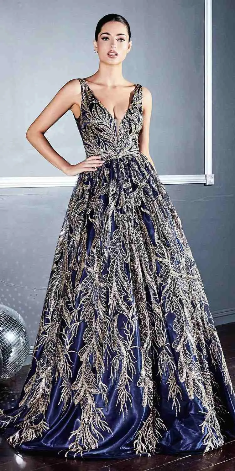 Cinderella Divine J812 Floral Embroidered Glitter A-Line Ball Gown