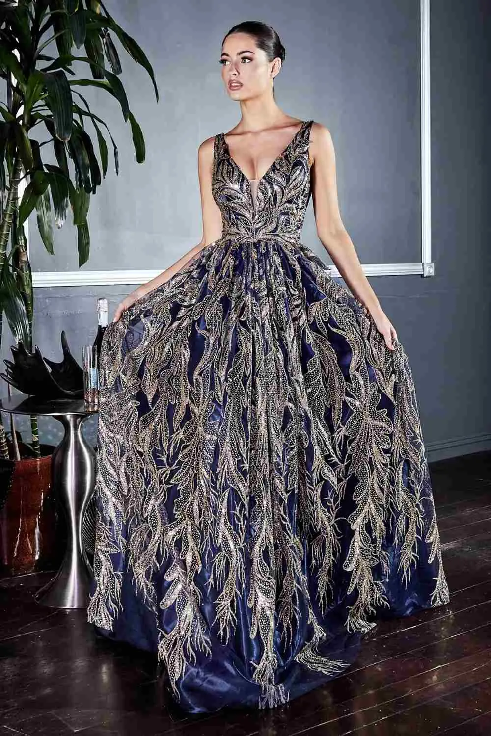 Cinderella Divine J812 Floral Embroidered Glitter A-Line Ball Gown