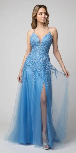 CLEARANCE - Juno 936 Lace-Up Back A-Line Long Prom Dress with Slit (Size Large)