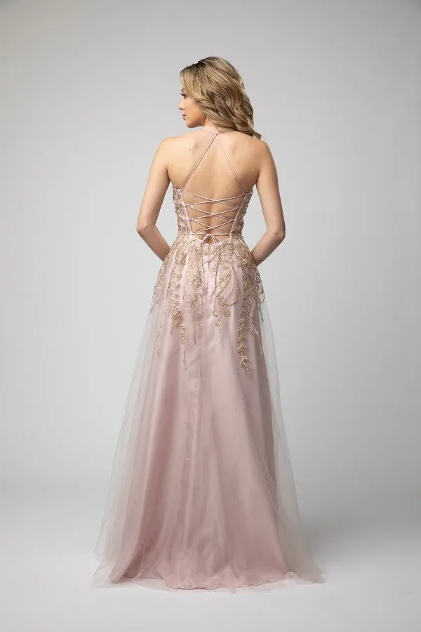 CLEARANCE - Juno 936 Lace-Up Back A-Line Long Prom Dress with Slit (Size Large)