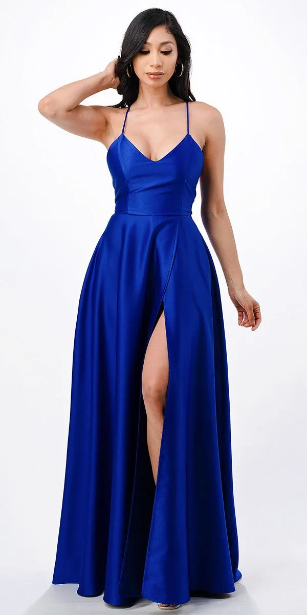 CLEARANCE - La Scala 25895 Open Side Back Spaghetti Tie Stretch Satin Gown (Size XL)