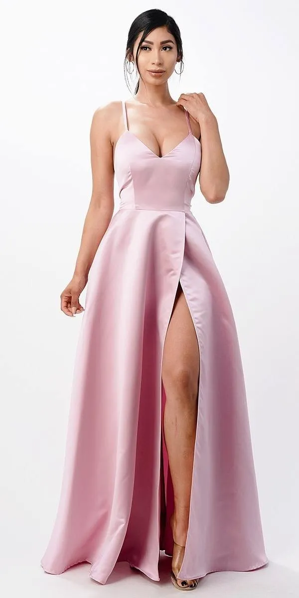 CLEARANCE - La Scala 25895 Open Side Back Spaghetti Tie Stretch Satin Gown (Size XL)