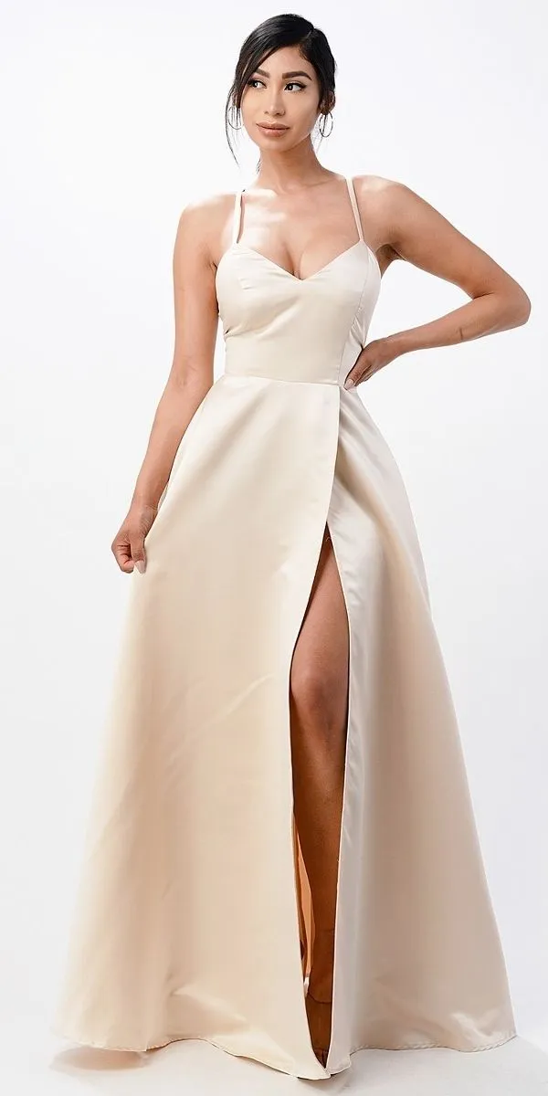 CLEARANCE - La Scala 25895 Open Side Back Spaghetti Tie Stretch Satin Gown (Size XL)