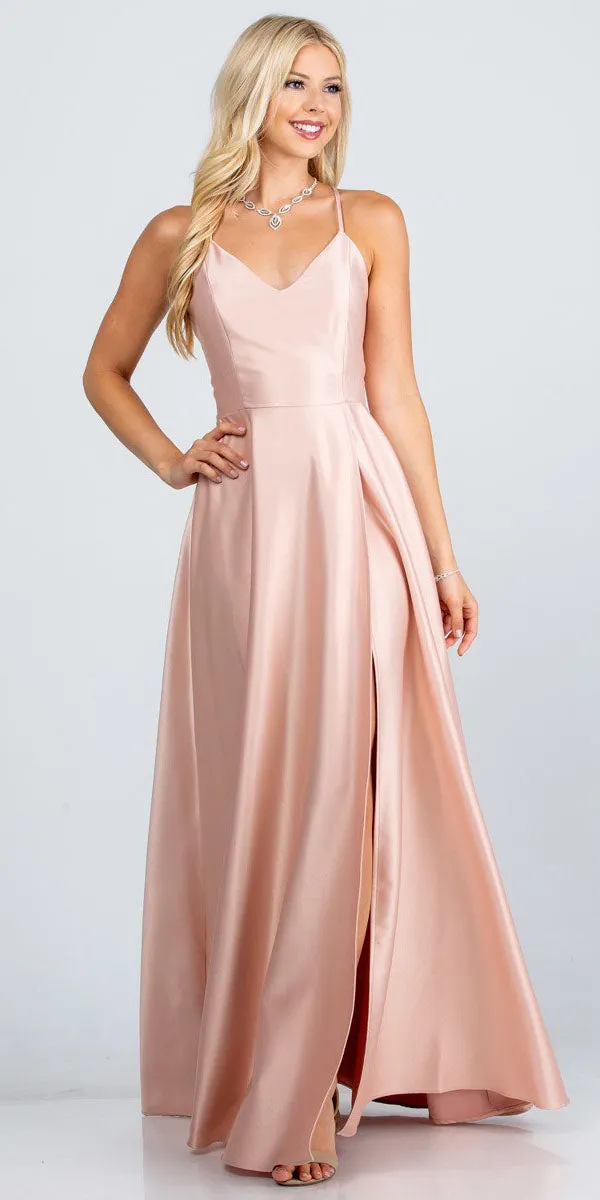CLEARANCE - La Scala 25895 Open Side Back Spaghetti Tie Stretch Satin Gown (Size XL)