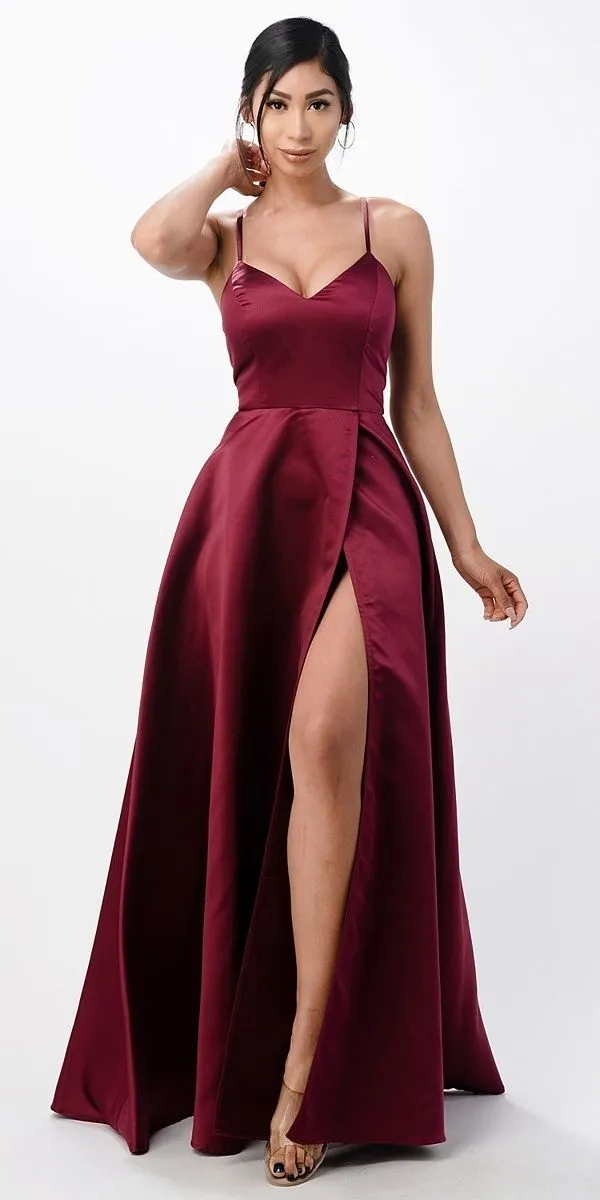 CLEARANCE - La Scala 25895 Open Side Back Spaghetti Tie Stretch Satin Gown (Size XL)