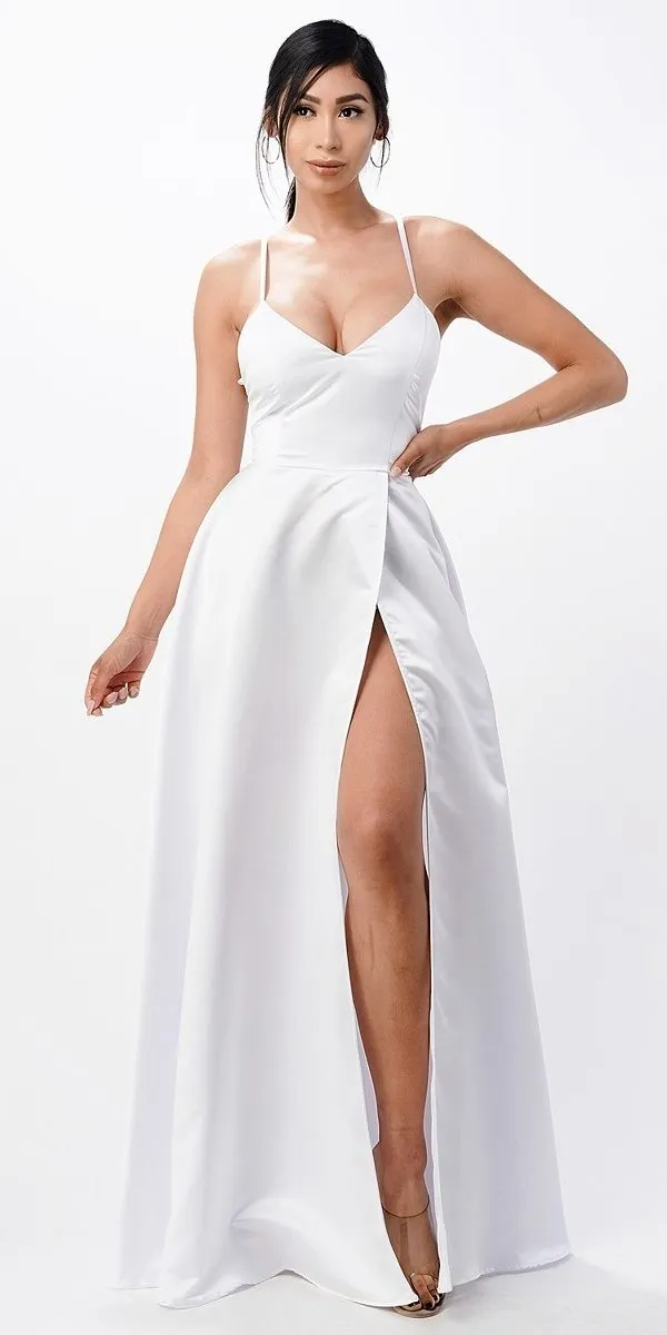 CLEARANCE - La Scala 25895 Open Side Back Spaghetti Tie Stretch Satin Gown (Size XL)