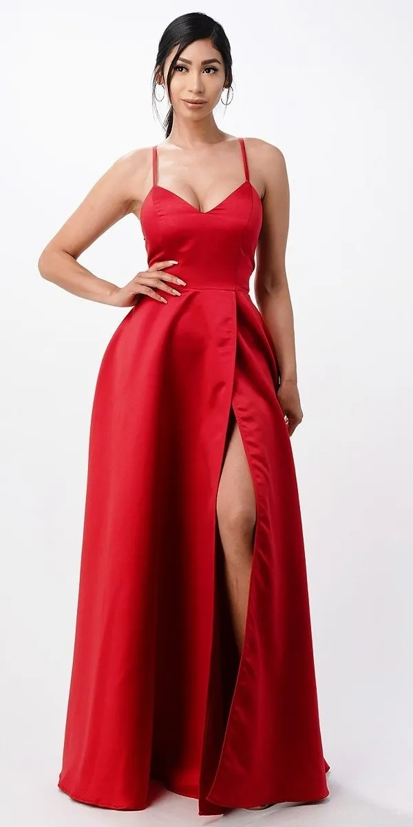 CLEARANCE - La Scala 25895 Open Side Back Spaghetti Tie Stretch Satin Gown (Size XL)