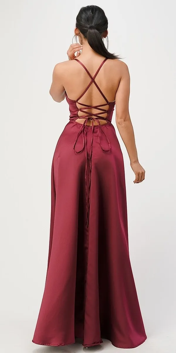 CLEARANCE - La Scala 25895 Open Side Back Spaghetti Tie Stretch Satin Gown (Size XL)