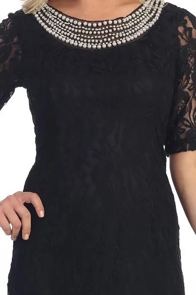 CLEARANCE - Modest Coral Knee Length Semi Formal Dress Short Sleeve Pearl Neck (Size XL, 3XL)
