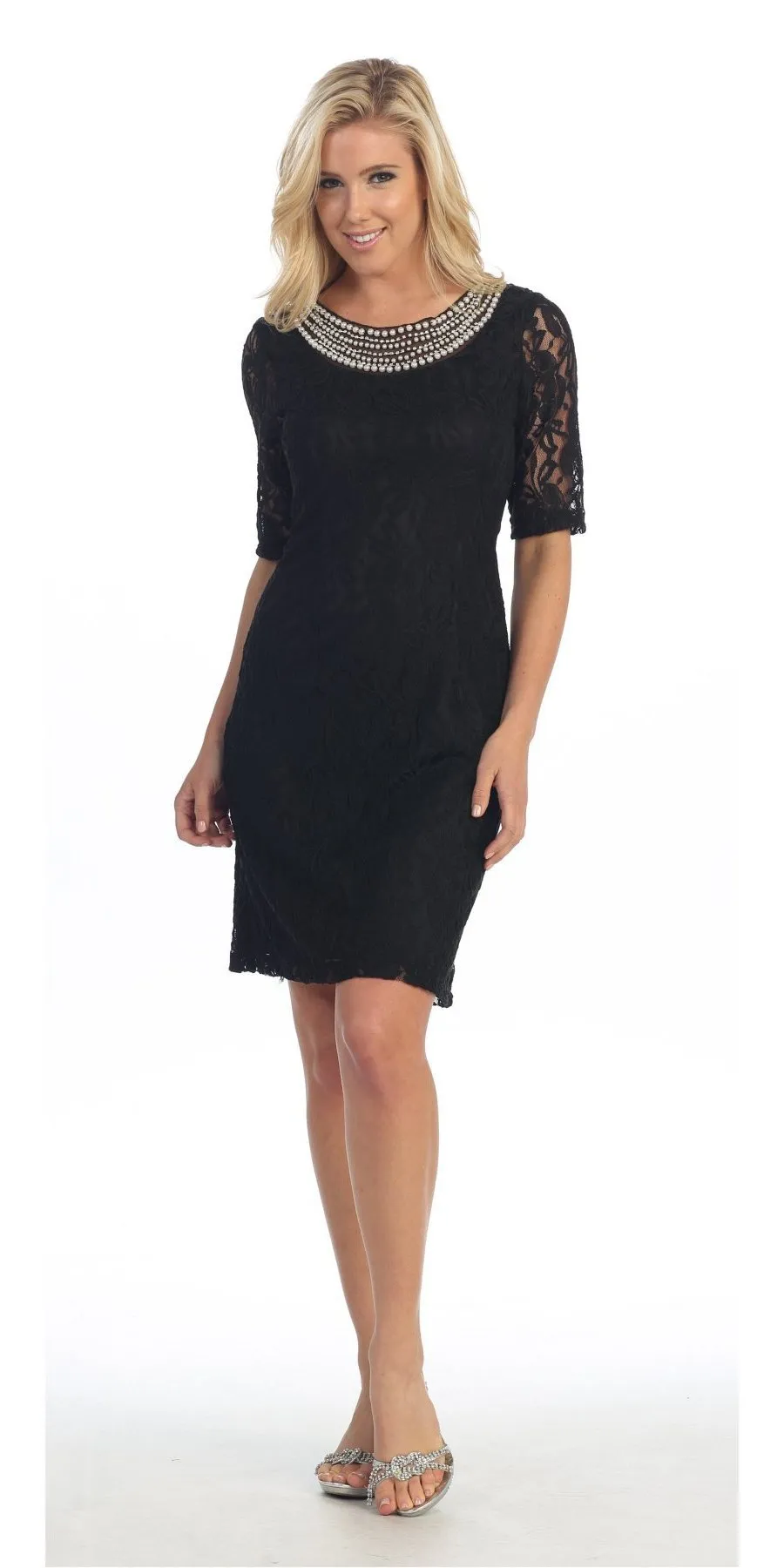 CLEARANCE - Modest Coral Knee Length Semi Formal Dress Short Sleeve Pearl Neck (Size XL, 3XL)